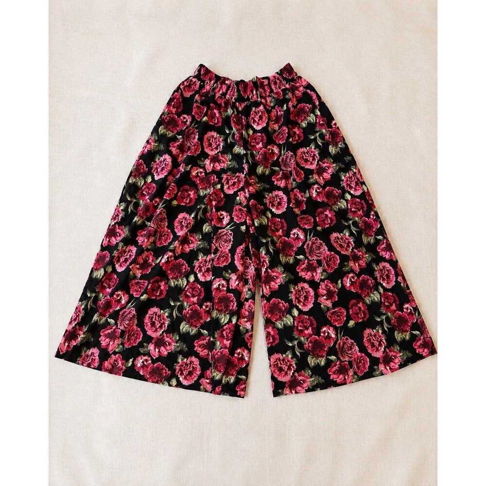 My Story Womens Wide Leg Palazzo Pants M Black Pink Rose Floral Pull On